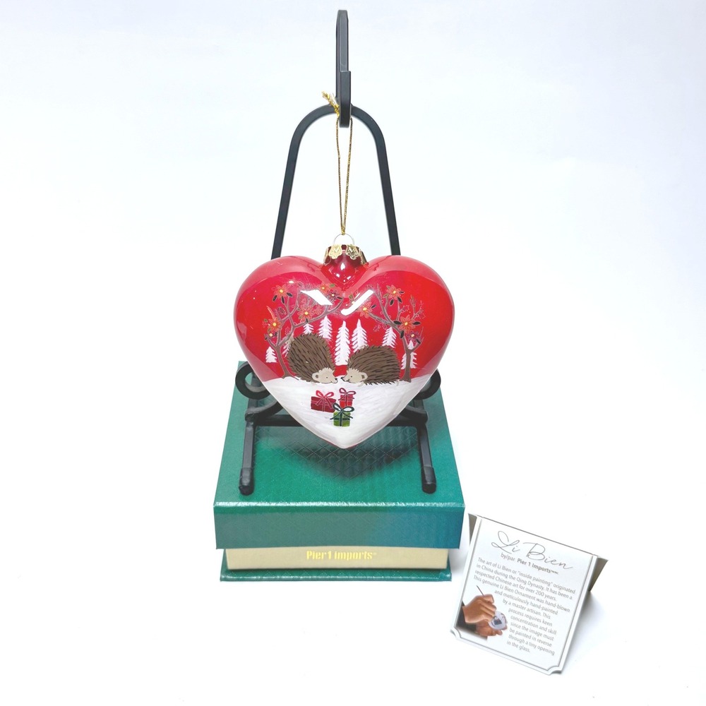 Pier 1 Li Bien 2017 Heart Christmas Ornament Hand Painted Hedgehogs Red Glass